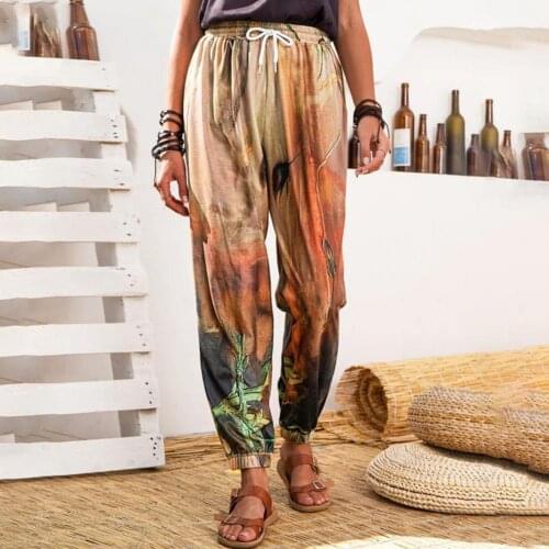 Women Pants Graffiti Printing Drawstring Trousers Elastic Waist Ankle Tied Long Pants Casual Loose Trousers Beachwear Capris