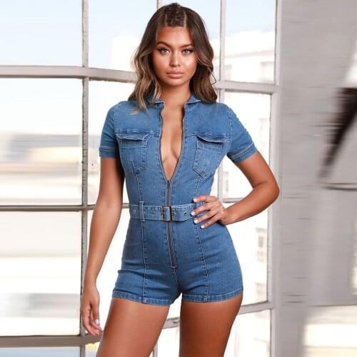 Elastic Hight Denim Rompers Womens Bodysuit 2021 Turn Down Collar Short Sleeve Romper Vintage Zipper Front Bodycon Playsuits New