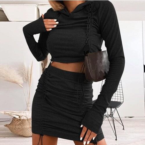 Women 2 Pieces Suit Set Solid Color Long Sleeve Hooded Crop Top+ Short Skirt High-Quality Material Soft simple and sexy