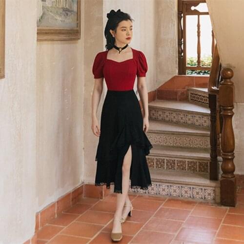 Women French Retro Two Piece Set Summer 2021 Korean Puff Sleeve Square Neck Retro Red Top+Ruffle Slit Skirt Sets