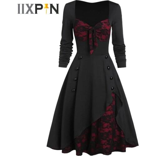 Vintage Women Dresses Sweatshirt Pleated Lace Long Sleeve Mock Button Bowknot Dress Evening Party Gowns Elegant Womens Dresses