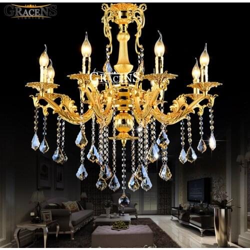 Gold Crystal Chandelier Lighting Fixture 8 Arms Classic Metal Chandelier Crystal Lustre Hanging Lamp Candelabra for Foyer