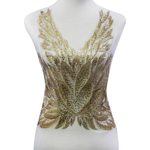 5piece Gold White Beaded Sequin Lace Appliqu Embroidery Lace Cord Motif Fabric Patches Trimming Sew on Sticker Accessories T2148