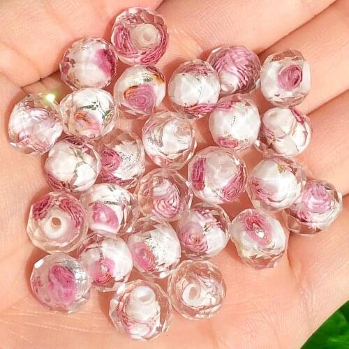 Wholesale Murano Transparent Faceted Rondelle Pink White Flower Lampwork Crystal Glass Beads for Jewelry Bracelet DIY Making