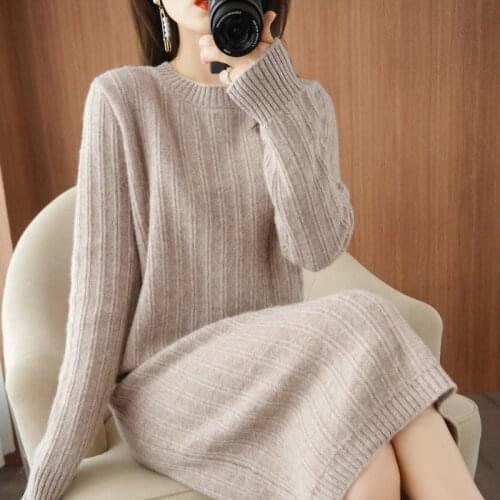 Long knitted womens sweater dress autumn and winter long-sleeved pullover Mid-length wool sweater thick warm woolen sweater