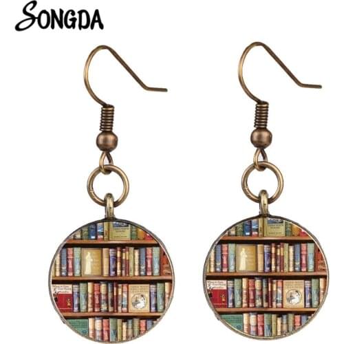 Retro Bookshelf Pattern Drop Earrings Bronze Color Glass Dome Long Dangle Earring Woman Jewelry 2020 Trend New Year Accessories