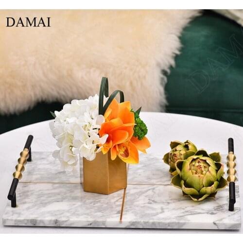 Creative Natural Marble Trays Decorative European Light Luxury Coffee Table Large Copper Handle Tea Set Wine Glass Storage Tray