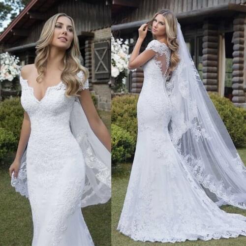 Open V-neck Off the Shoulder Mermaid Lace Wedding Dress Illusion Back White vestido de festa longo Bridal Dress