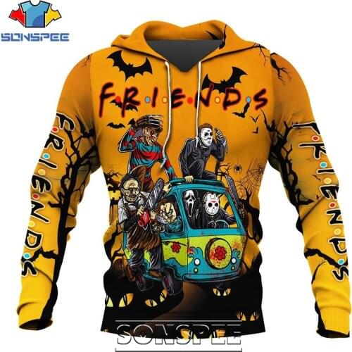 SONSPEE Horror Friends Pennywise Michael Myers Jason Voorhees 3D Print Mens Hoodie Casual Men Long Sleeve Coat Tops Sweatshirt