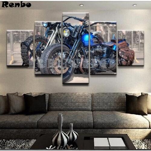 Diy 5D Mosaic Diamond Painting Cross Stitch 5 Pieces Classic Pretty Retro Motorcycle Full Square Diamond Embroidery Wall Sticker