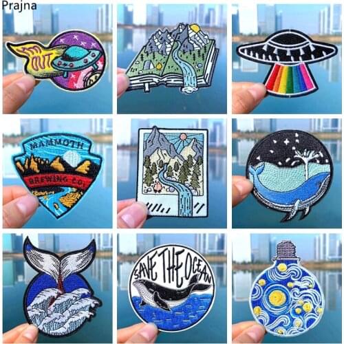 Prajna adventure/mountainWaves Embroidered Patches For Clothing Space/Waves Patches Iron On Patches For Clothes Van Gogh Patch
