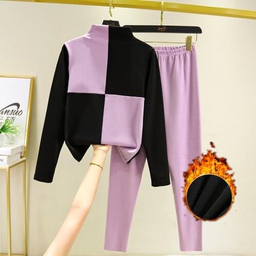 New Long Sleeve Thick Thermal T Shirt Leggings Sets Women Autumn Winter Turtleneck Plaid Contrast Color Velvet Korean Basic Tops