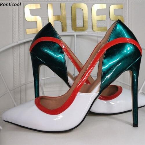 Ronticool New Arrival Handmade Women Spring Pumps Patent Sexy Stiletto Heel Pointed Toe Beautiful Party Shoes US Plus Size 5-15