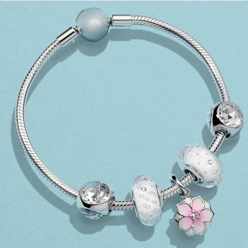 NEW 100% 925 Sterling Silver Radiant Droplet Bead Effervescence Murano Glass Charm MAGNOLIA BLOOM HANGING CHARM Bracelet Set