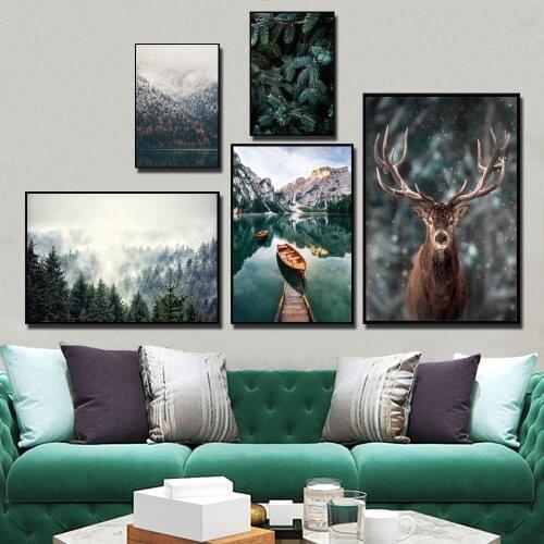 Deer And Winter Lake Landscape Nordic Home Decor Canvas Art Prints Animals Wall Painting On Poster Pictures For Living Room