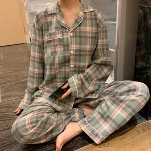 Ins pyjama female korean vintage pajamas for women casual plaid sleepwear set long sleeve trousers home suit new womens pijamas