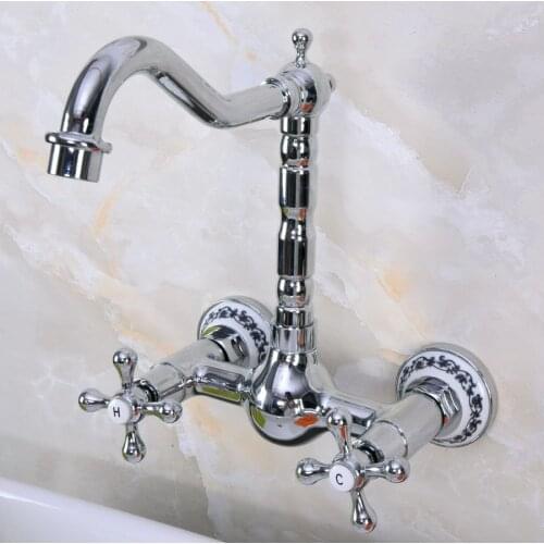 Polished Chrome Brass Wall Mounted Double Cross Handles Bathroom Kitchen Sink Faucet Mixer Tap Swivel Spout anf965