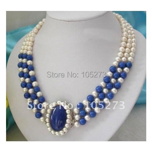 Stunning 3Rows AA 7-8MM White Freshwater Pearl Blue Lapis Lazuli Necklace 18'-20inch Nice For Girls Womens Gift Free Shipping