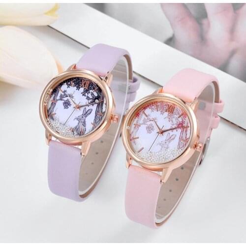 Luxury Rhinestones Women Watches Fashion Rabbit Pattern Dial Design Ladies Wristwatches Qualities Female Quartz Leather Watch