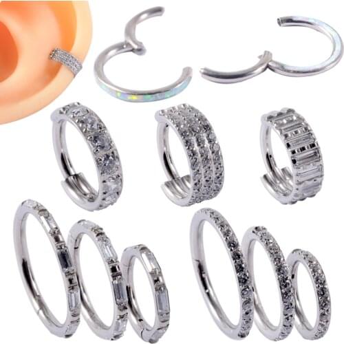 1pcs Titanium&Steel Opal Zircon Cartilage Earrings Septum Clicker Nose Hoops Tragus Helix Rook Septum Ring Body Piercing Jewelry