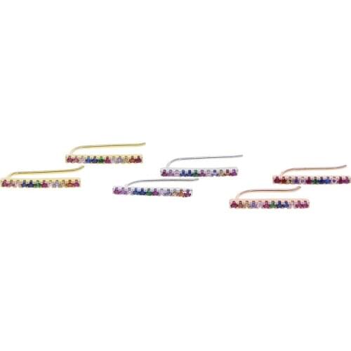 Real 925 sterling silver colorful rainbow cz paved long bar shaped fashion delicate dainty cz women girls 925 silver earring