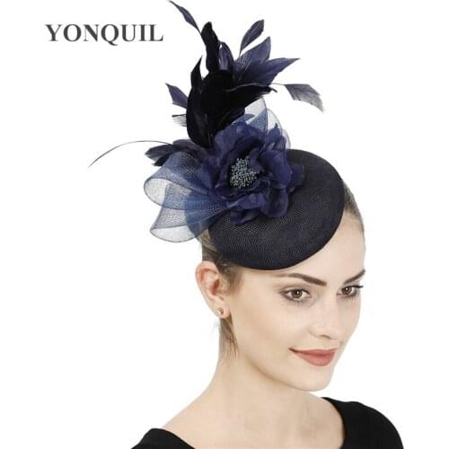 Wedding Navy Fascinator Hat Bridal Marriaged Vintage Headpiece With Fancy Flower Millinery Cap For Formal Dress Chuch Fascinator