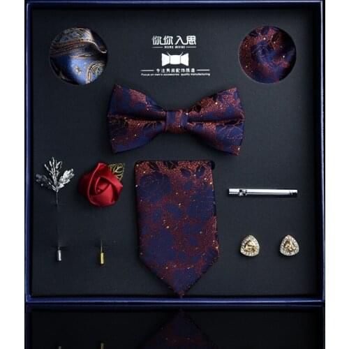 High-quality Fashion Handmade Bow Tie Wedding Collar Bowtie Brooch Pocket Towel Square Set Gifts for Men Accessories