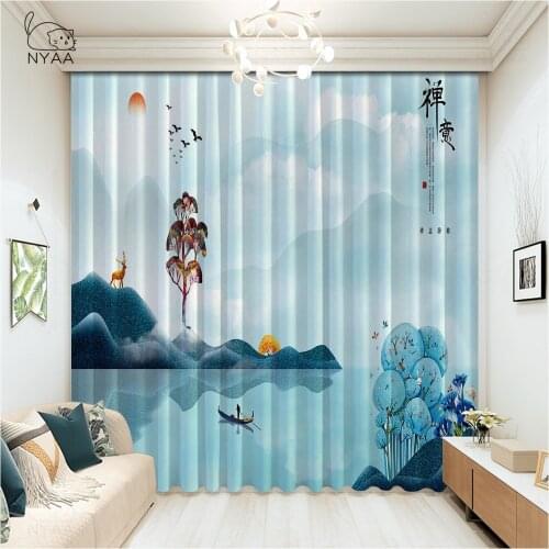 Chinese Ink And Water Landscape Painting Bedroom Curtaints Office Window White Curtains Printed ChildrenS Curtain Micro Shading