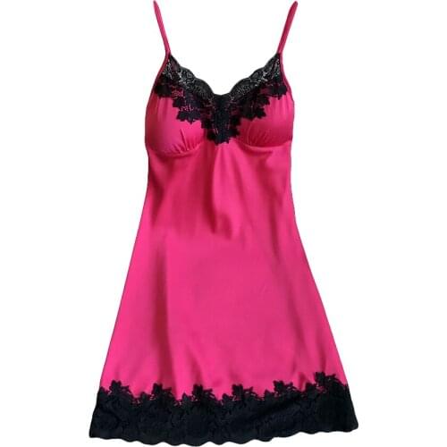 Ladies' Silk Satin NightDress with Chest Pads Sleeveless V-neck Nightgown Female Straps Lace Cuffs Patchwork Sleepshirts
