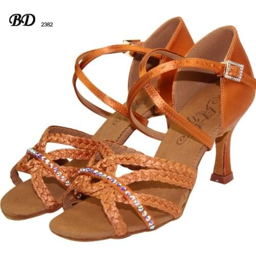 Women Latin Dance Shoes BD 2382 Tan Satin Sandal Crystal High Heel 3inch Salsa Ballroom Latin Dancing Shoes Sandal Dancesport