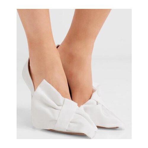 Spring New 2018 Lady White Pointed Toe Big Bow Ties Womens Off-White Bow-embellished Grosgrain Pumps Wedding Pumps Shoes 42