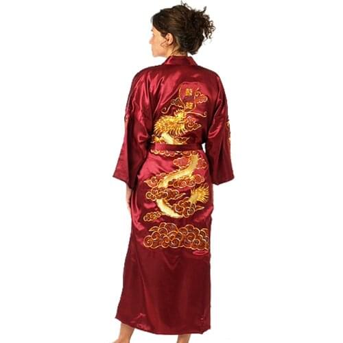 Bath Robe Women Chinese Style Satin Robe Embroidery Dragon Gown Robe Ladies Night Robes S M L XL XXL XXXL -WR004