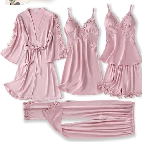 Satin Women 4PCS Robe Set Sexy Nightdress Sleepwear Kimono Gown Lace Patchwork Intimate Lingerie Hollow Out Nighty&Robe Suit