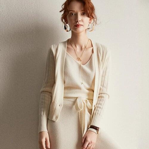 100 Pure Cashmere Cardigan Sweater Women Solid Design V Neck Long Sleeves Ladies Casual Loose Knitwear New Fashion