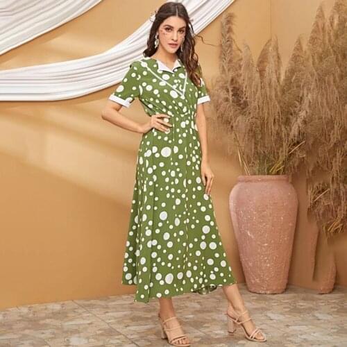 Casual Short Sleeve Polka Dot Midi Dress Women Summer Fashion V-neck Lace Patchwork Long Dresses For Women 2021 Green Robe Femme