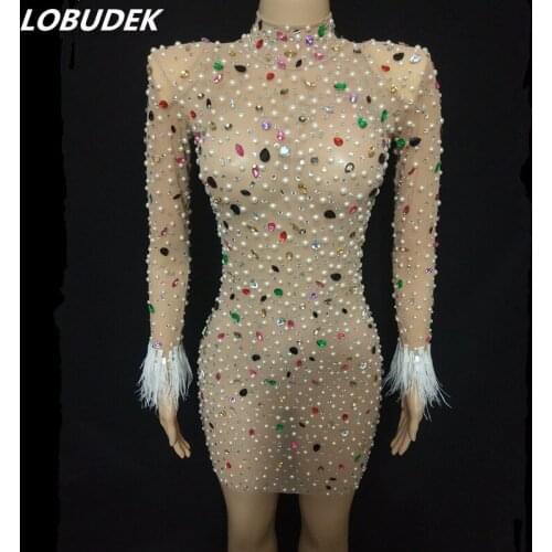 Multi-color Rhinestones Mesh Elastic Mini Dress Women Birthday Prom Evening Party Luxury Crystals Stones Dresses Singer Costume