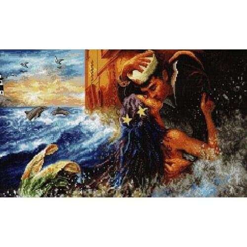 2021 Gold Collection Embroidery Mermaid Kiss Cross Stitch Kits Online with 100% Cotton Flosses & Free Shipping for Wall Decor