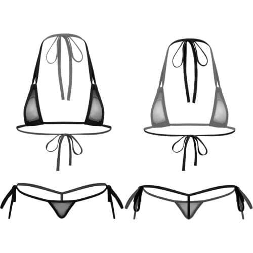 2021 Women Micro Bikini Transparent Swimwear Women Mesh See-through Swimwear Swimsuit Halter Neck Bra Top Monokini Thong Bra Set