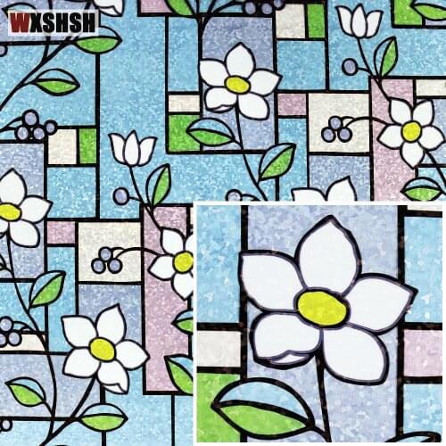 White Flower Glass Sticker Static Cling Thermal-Insulation Privacy Protection Sun-Blocking Reusable Removable Window Door Decor