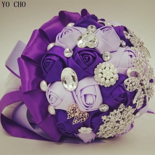 Handmade Bride Bouquet Hand Flowers diamond jewelry rhinestone pearl crystal artificial customize purple wedding bouquets