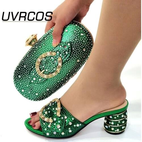 Ewest Fashion italian shoes and bag set wholesale 2021 Gree color for wedding shoes and matching purse for women party