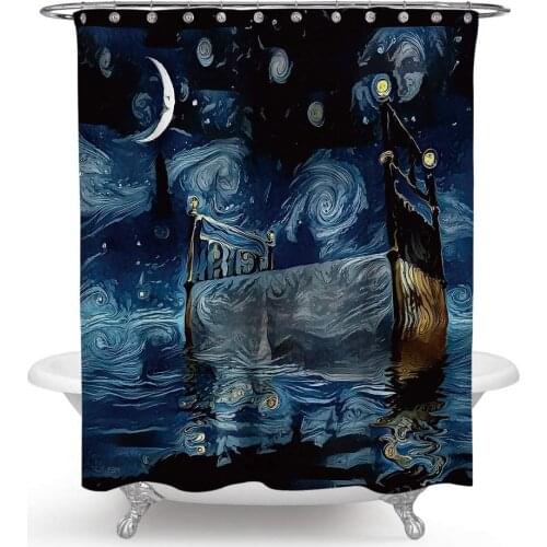 Starry Night Van Gogh Art Oil Painting Shower Curtain Set with Hooks