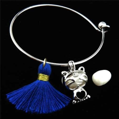 KB135 Girl Tiger Cat Locket Charms Expandable Bangle Bracelets Pearl Cage Stainless Steel Armband Cuff Silver Plated Bangles