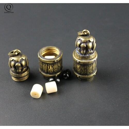 Brass Lovely Pig Sutra Cylinder Pendant Keychain Hanging Necklace Jewelry Pill Box Medicine Case Container Bottle Keychains