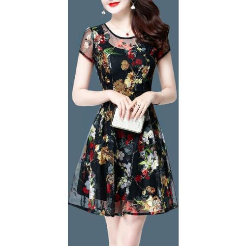 S-4xl Floral Summer Dress Elegant Sexy Female New Fashion Net Gauze Hollow Out Embroidery Vintage Slim Cocktail Dresses 9460