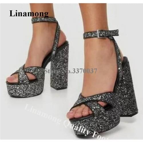 Linamong Bling Bling Glitter Open Toe High Platform Chunky Heel Sandals Black Sequined Thick High Heel Sandals Wedding Shoes