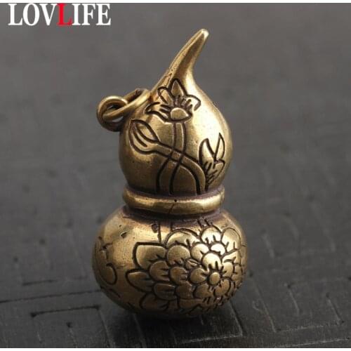 Copper Hollow Gourd Keychain Pendants Brass Lucky Key Chains Hanging Ornament Handmade Lotus Pattern Retro Car Key Rings Jewelry