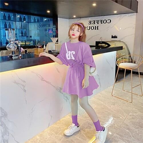 New Summer 2020 Loose Waist Draw String Slimming Short Sleeved T-shirt Dress Women Show Thin Round Collar A-line Dress