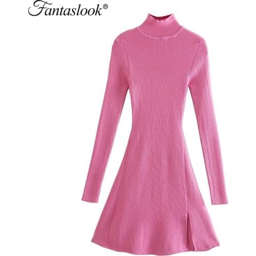 Bodycon Dress Women High Neck Knitted Dress Casual Split Mini Dress Autumn Long Sleeved Stretchy Short Dress Solid Slim Vestidos