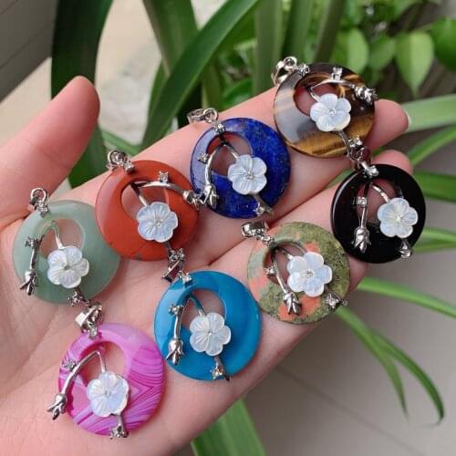 Natural Stone Pendants Flower Shell Pearl Charm Pendulum Amethysts Agates Lapis Purple Quartz Pink Crystal Pendant Reiki Healing